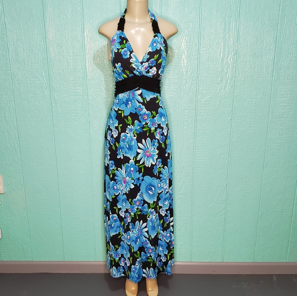 ❤️ New Long Halter maxi dress colorful floral blue sundress Size 3XL